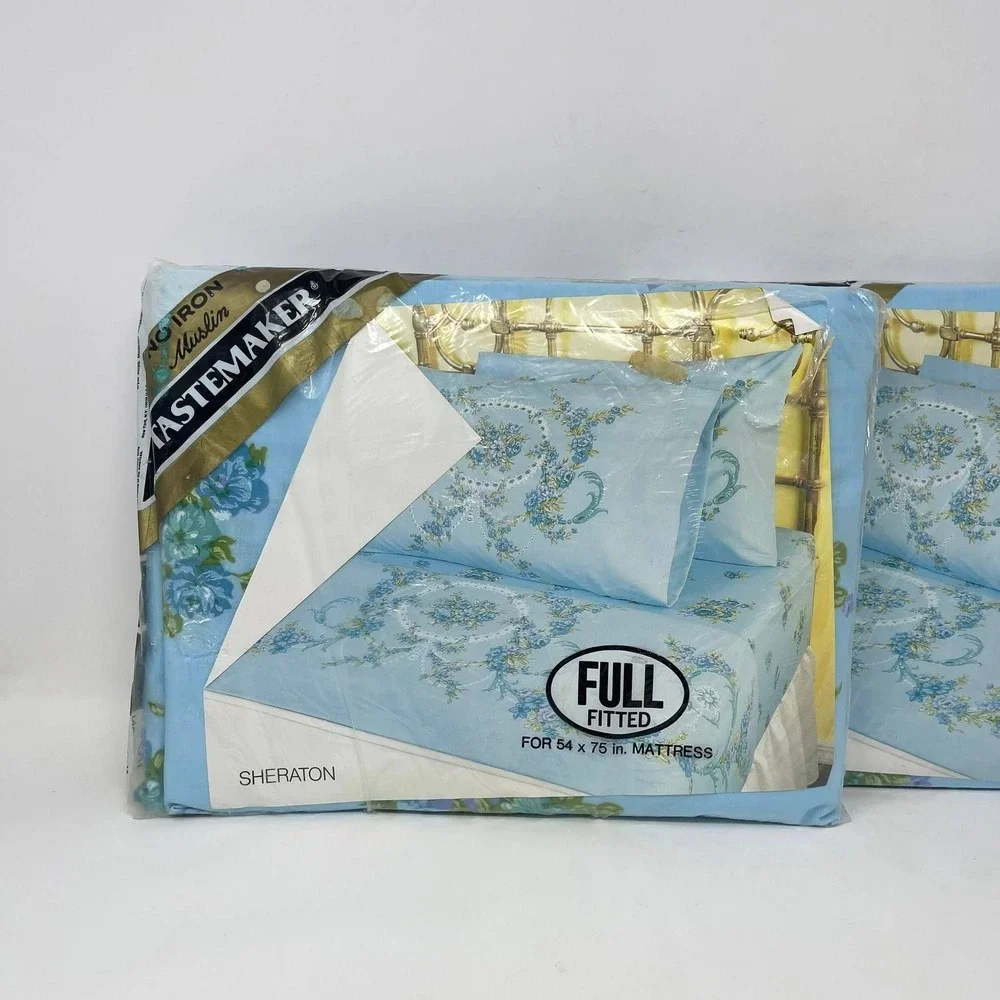 Tastemaker Full Fitted Bed Sheets Sheraton Blue Floral No Iron Muslin Set of Two